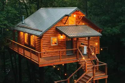 a tree house in the middle of the forest at Cricket Hill Treehouse B by Amish Country Lodging in Millersburg
