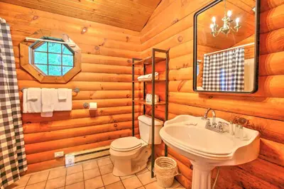a bathroom with a sink and a toilet in a log cabin at Grapevine Cabin by Amish Country Lodging in Millersburg