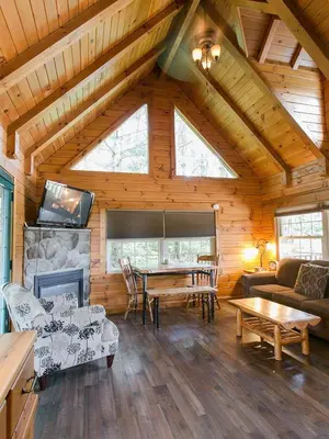 a living room with a table and a fireplace at Evergreen Cabin by Amish Country Lodging in Millersburg
