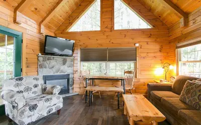a living room with a couch and a fireplace and a table at Evergreen Cabin by Amish Country Lodging in Millersburg