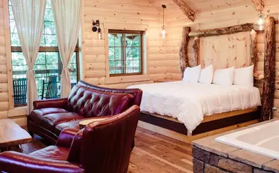 a bedroom with a bed and a couch and a tub at Treehouse #0 by Amish Country Lodging in Millersburg