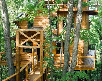 a tree house with a deck in the woods at Treehouse #3 by Amish Country Lodging in Millersburg