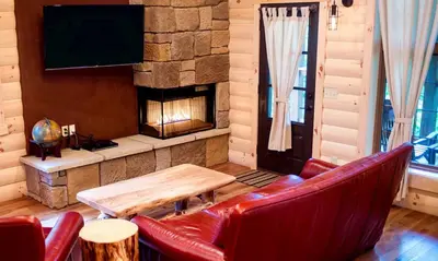 a living room with a couch and a fireplace at Treehouse #4 by Amish Country Lodging in Millersburg
