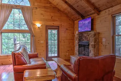 a living room with leather furniture and a fireplace at Whispering Pines Treehouse by Amish Country Lodging in Millersburg