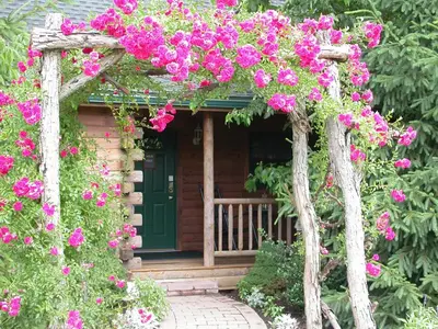 a pergola with pink flowers in front of a house at Wild Rose Cabin by Amish Country Lodging in Millersburg