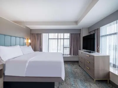 a bedroom with a large bed and a flat screen tv at Homewood Suites By Hilton Toledo Downtown in Toledo