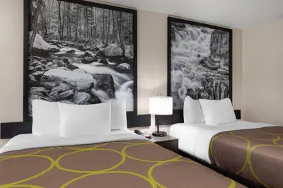 a hotel room with two beds and a painting on the wall at Super 8 by Wyndham Charleston WV in Charleston