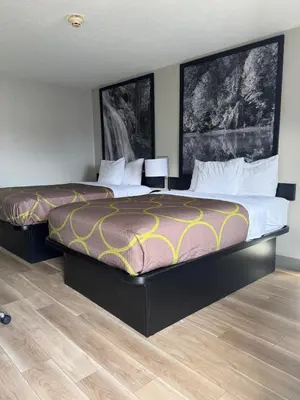 a hotel room with a large bed in a room at Super 8 by Wyndham Charleston WV in Charleston
