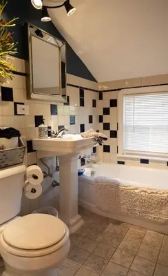 a bathroom with a toilet and a sink and a tub at The Carriage House 1836 in Millersburg