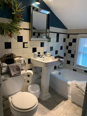 a bathroom with a sink and a toilet and a tub at The Carriage House 1836 in Millersburg