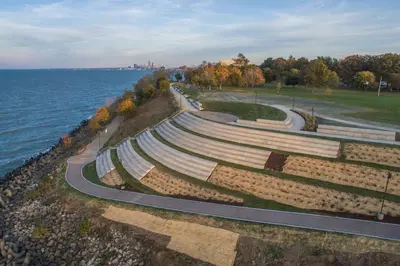 an aerial view of a garden next to the water at Grandma's Attic in Lakewood
