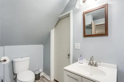 a bathroom with a toilet and a sink and a mirror at Central and Private Milan Home about 10 Mi to Sandusky! in Milan