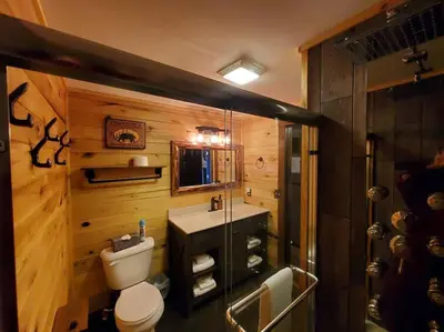 a bathroom with a toilet and a sink at Luxury Cabin w/ Game Room & Hot Tub at Cave Run Lake in Wellington