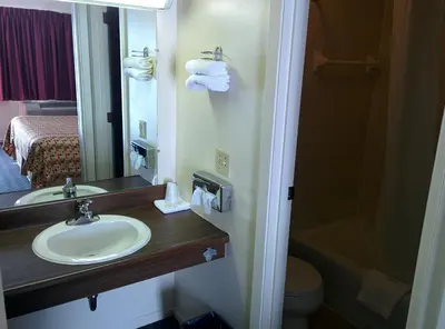 a bathroom with a sink and a mirror at Economy Inn Toledo-Perrysburg in Perrysburg