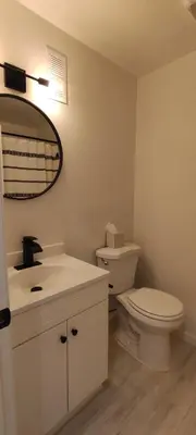 a bathroom with a toilet and a sink and a mirror at Cozy Downtown Loft Apartment in Delaware