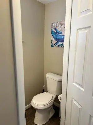 a bathroom with a toilet and a painting on the wall at Carter #1 Two bedroom unit near Xavier Downtown in Cincinnati