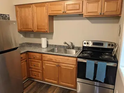 a small kitchen with a stove and a sink at Carter #5 Two bedroom unit near Xavier Downtown in Cincinnati
