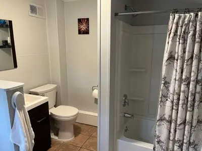 a bathroom with a toilet and a shower curtain at Main, Three Bedroom House in Historic Loveland in Loveland