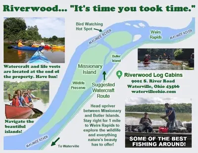 a flyer for riverwood canoeing on the river at River Log Cabins in Waterville