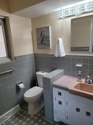 a bathroom with a toilet and a sink at dock, game room, bar and private river view patio in Toledo