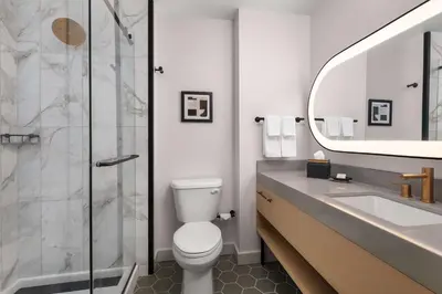 a bathroom with a toilet and a sink and a mirror at Hotel Ardent Dayton Downtown, Tapestry Collection By Hilton in Dayton