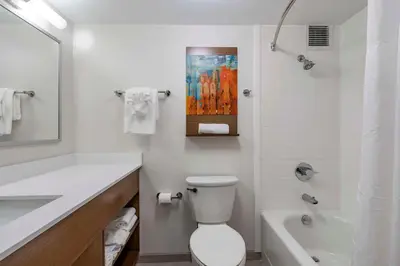 a white bathroom with a toilet and a bath tub at MainStay Suites Lexington I-75 in Lexington