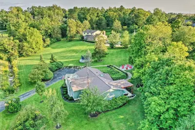 an overhead view of a large estate with a house at Family-Friendly Brookville Home with Hot Tub! in Brookville