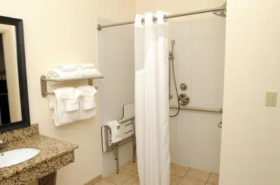 a bathroom with a shower and a sink at Holiday Inn Express & Suites Cambridge by IHG in Cambridge