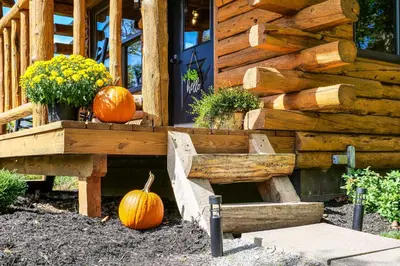 a wooden cabin with pumpkins on the porch at Peaceful Creekside North Studio with Fire Pit in Holmesville