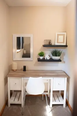 a desk with a white chair and a mirror at Biker Hiker friendly 3 bedroom by Strouds Run State Park in Athens