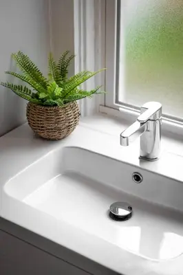 a bathroom sink with a plant next to a window at Deluxe 4-Bedroom w Huge Deck 3-Min to Downtown in Cincinnati