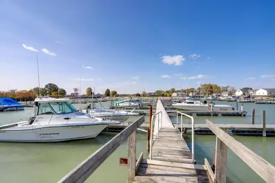 a group of boats docked at a dock at Pet-Friendly Oak Harbor Condo Walk to Lake! in Sand Beach