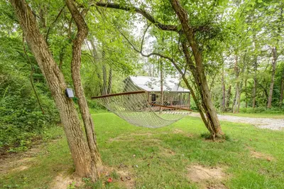 a hammock hanging from two trees in front of a house at Idyllic Cabin in the Heart of Hocking Hills in Rockbridge