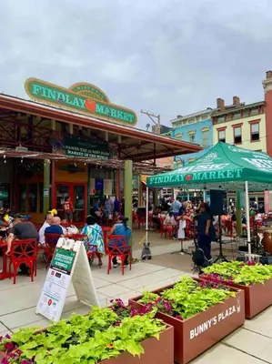 a group of people sitting at an outdoor patio with plants at This property is unlisted in Cincinnati
