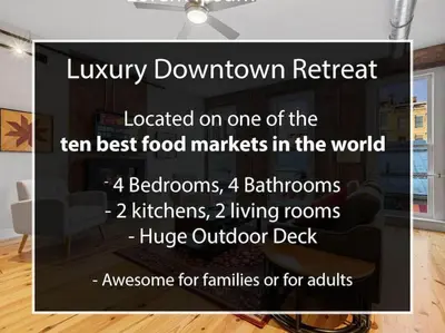 a sign in a room with food markets in the world at Luxury 4-Bedroom Retreat in the Heart of Over the Rhine in Cincinnati