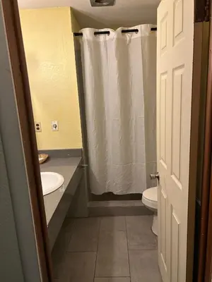 a bathroom with a toilet and a shower curtain at Hillcrest Motel by Oyo Aurora near Lawrenceburg in Aurora