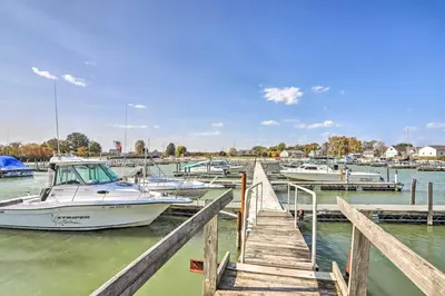 a group of boats docked at a dock at Quaint Couples Escape Pool, Near Lake Erie! in Oak Harbor