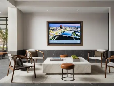 a living room with a tv on the wall at AC Hotel by Marriott Dayton in Dayton