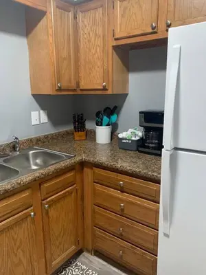 a kitchen with a sink and a white refrigerator at 5145 Porsche Newly Remodeled 2 BDRM Ranch Attached Home in Rockdale
