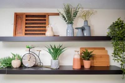 a shelf with vases and plants on it at WV Bohemian Bungalow in Kenova