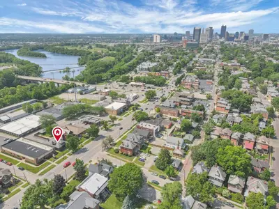 an aerial view of a city with a street at Updated 4BD House Near German Village w Parking in Columbus