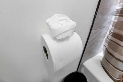 a roll of white toilet paper sitting on top of a tank at Housepitality - The Southern Orchards Cottage in Columbus
