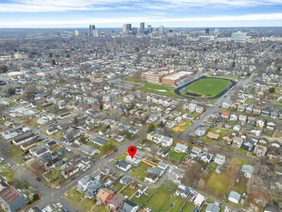an aerial view of a city with a red marker at Housepitality - The Southern Orchards Cottage in Columbus