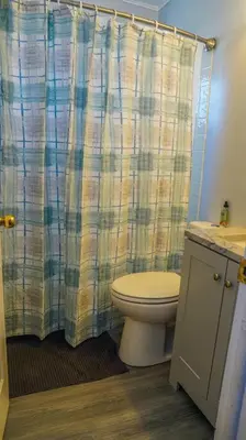 a bathroom with a toilet and a shower curtain at Relaxing 4BR Holiday Retreat Large, Cozy & Close to Airport in Columbus