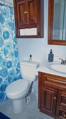 a bathroom with a toilet and a sink at Relaxing 4BR Holiday Retreat Large, Cozy & Close to Airport in Columbus