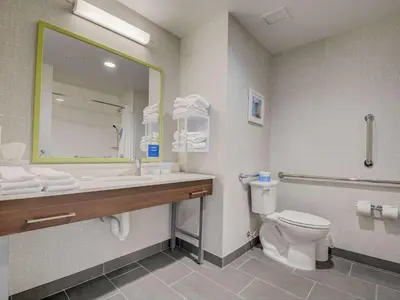 a bathroom with a sink and a toilet and a mirror at Hampton Inn & Suites Williamstown Ark Encounter, Ky in Williamstown
