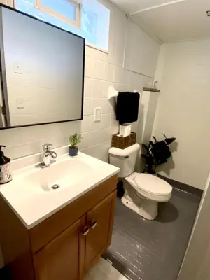 a bathroom with a sink and a toilet and a mirror at New! Cozy 4-bedroom w/ free parking. Dogs welcome! in Berea