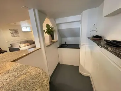 a small apartment with a kitchen and a living room at New! Cozy 4-bedroom w/ free parking. Dogs welcome! in Berea