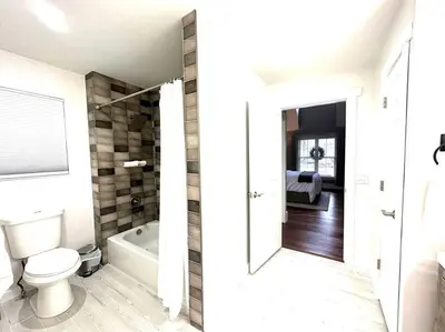 a bathroom with a toilet and a tub and a sink at Cheerful 4 bedroom home w/ fireplace & game room in Mason