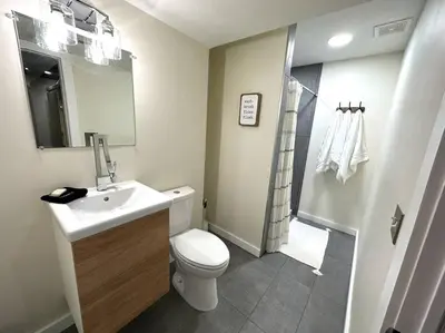 a bathroom with a toilet and a sink and a shower at Cheerful 4 bedroom home w/ fireplace & game room in Mason